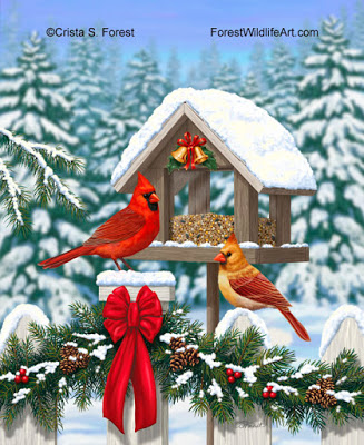 327x400 Forest Wildlife Art New Christmas Birds Digital Painting - Christmas Bird Painting