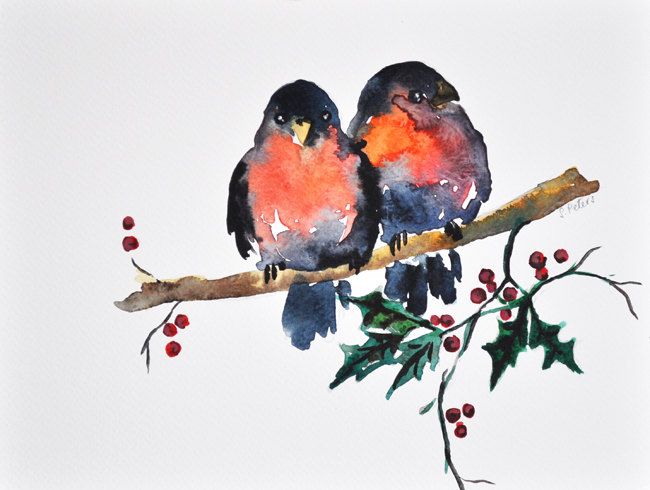 650x490 Original Watercolor Painting - Christmas Bird Painting