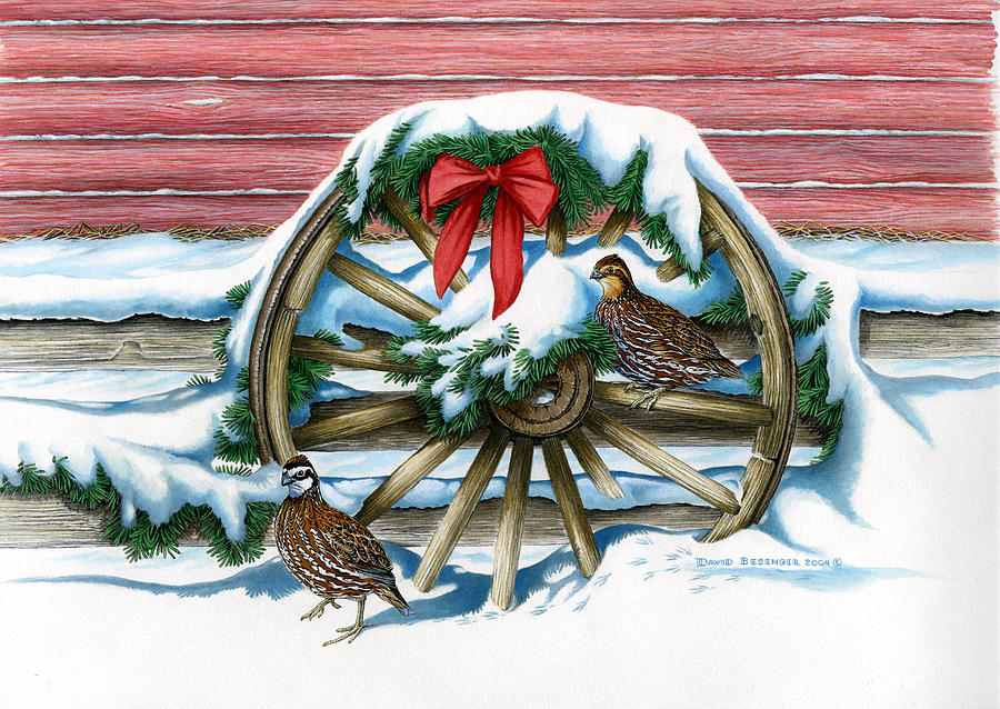 900x638 Quail With Christmas Bow Painting By David Besenger - Christmas Bow Painting