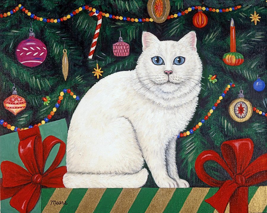 900x720 Cat Under The Christmas Tree Painting By Linda Mears - Christmas Cat Painting