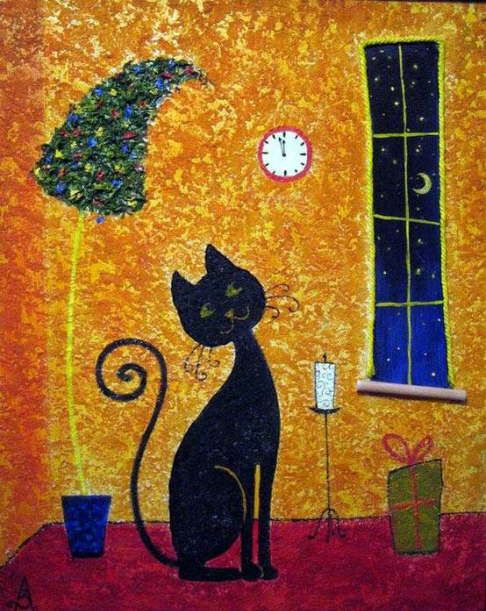 486x611 Christmas Cat Painting. Moon Cat Cats Moon, Cat - Christmas Cat Painting
