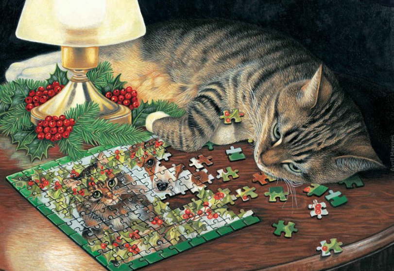 811x558 Christmas Cats And New Year's Cats Painting. Avril Haynes - Christmas Cat Painting