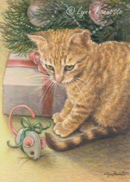 437x612 Christmas Cats And New Year's Cats Painting. Lynn Bonnette - Christmas Cat Painting