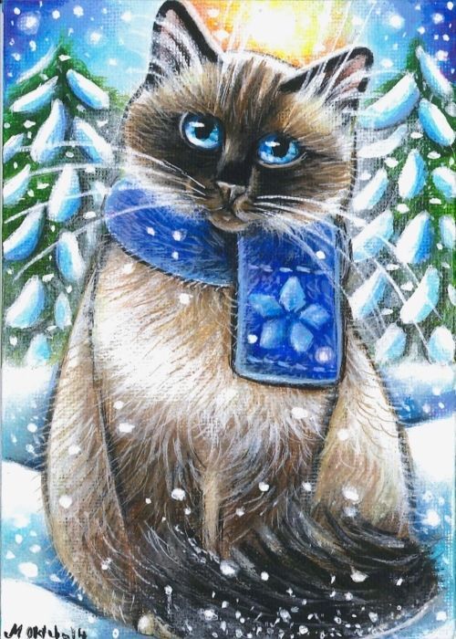 500x700 Ragdoll Cat Winter Snow Xmas Original Art Painting By Marta - Christmas Cat Painting