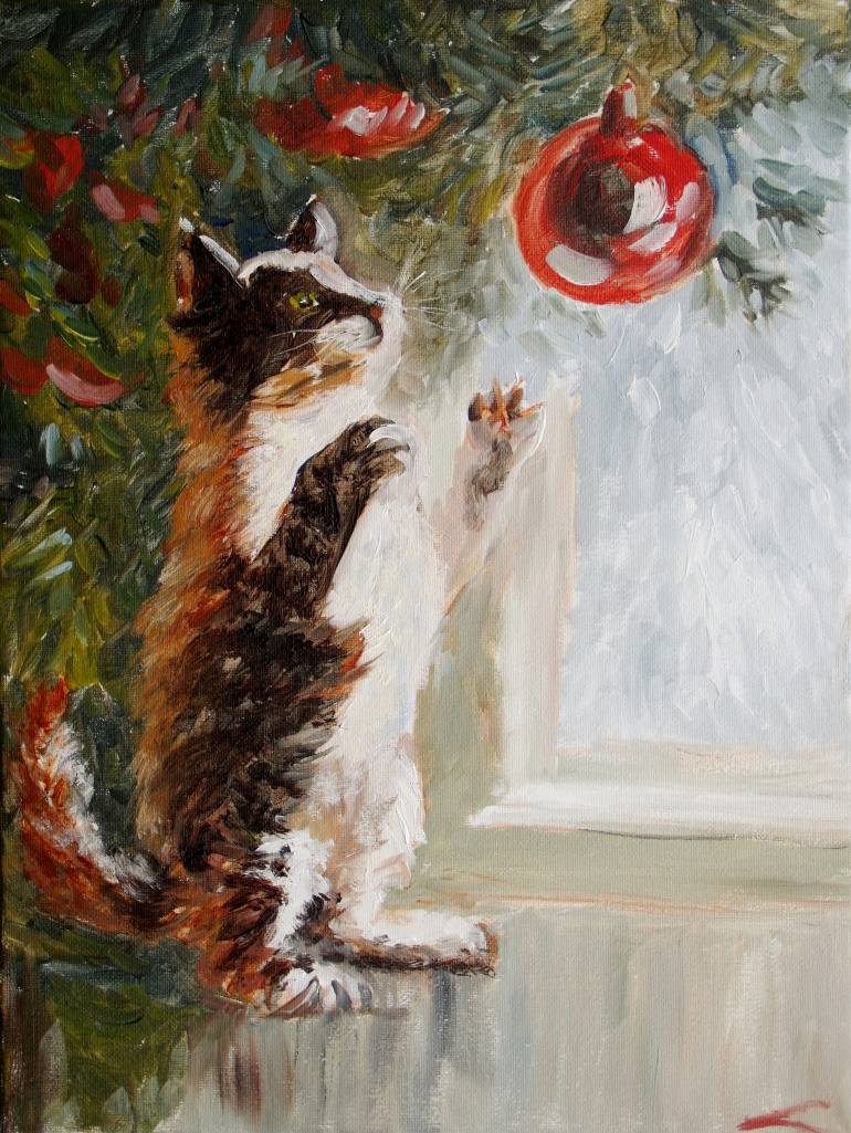 770x1025 Saatchi Art Christmas Cat Painting By Elena Sokolova - Christmas Cat Painting