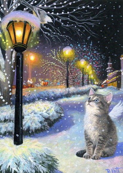 412x575 Tabby Kitten Cat Angel Chickadee Christmas Lights Snow Original - Christmas Cat Painting