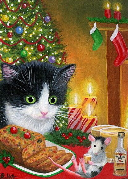 415x577 Tuxedo Kitten Cat Mouse Christmas Tree Rum Fruitcake Original Aceo - Christmas Cat Painting