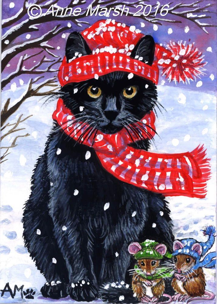 714x1000 Par Original Black Cat Mice It's C C Cold - Christmas Cat Painting