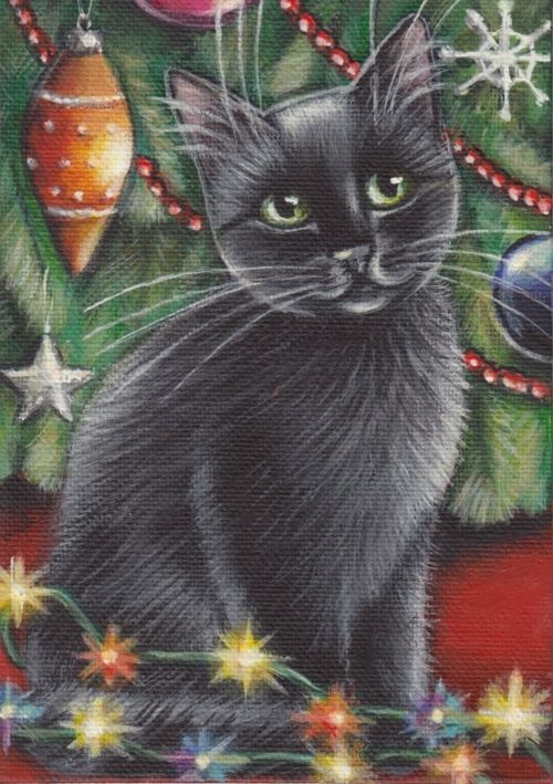 500x709 Black Cat Kitten Christmas Tree Original 5x7 Art Painting By Marta - Christmas Cat Painting