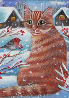 236x334 Black Amp Gray Tabby Cat Christmas Winter Snow Original Art Painting - Christmas Cat Painting