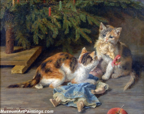 600x478 Cat Painting A Dangerous Game - Christmas Cat Painting