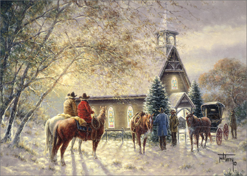 504x360 Cowboys Outside Church Jack Terry Box Of 18 Western Christmas - Christmas Church Painting