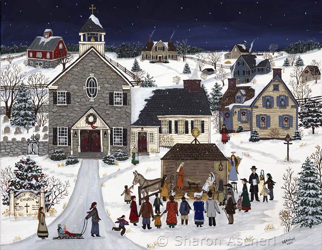650x506 Folk Art Church Paintings The Little Church's Nativity Creche - Christmas Church Painting