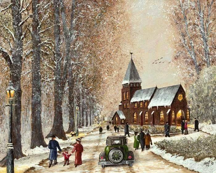 700x560 Going To Church On A Snowy Morning! - Christmas Church Painting