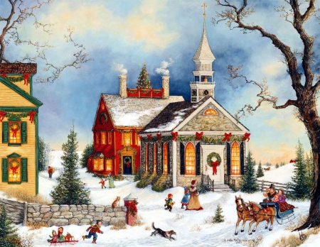 450x348 Old Fashioned Christmas - Christmas Church Painting