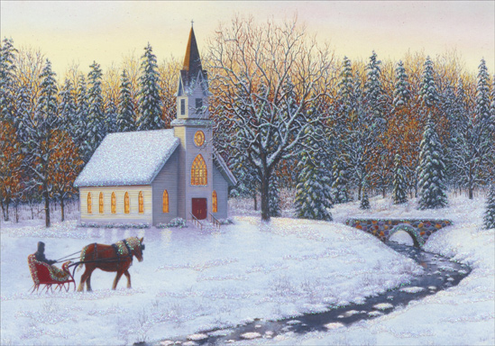 549x384 Sleigh, Church And Stream Christmas Card By Image Arts - Christmas Church Painting