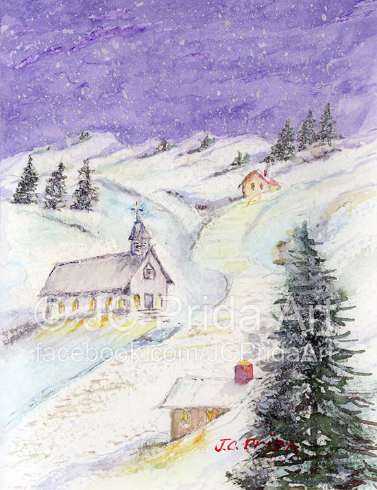550x714 Starry Night Christmas Church Painting - Christmas Church Painting