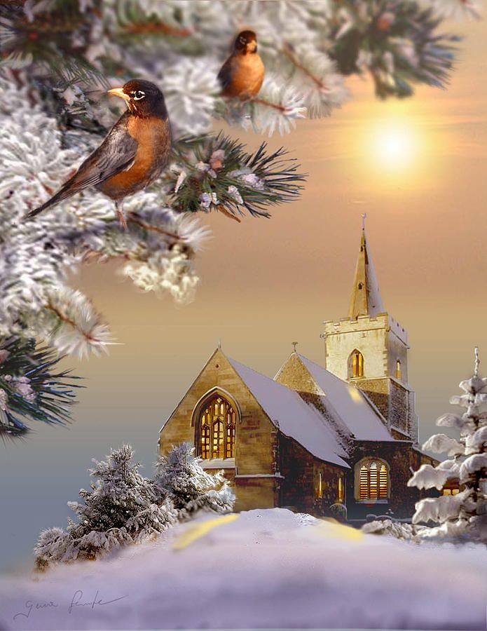 695x900 Winter Scene With Robins And Church Print Painting - Christmas Church Painting