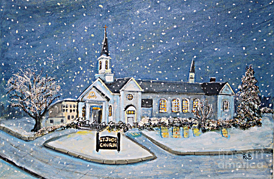 900x588 Christmas Eve At St. Jude Church Painting By Rita Brown - Christmas Church Painting
