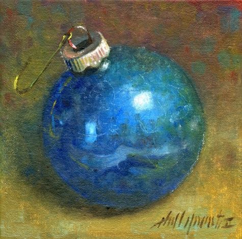 475x469 Blue Christmas Ornament 6 X6 Oil On Canvas Original Art Painting - Christmas Decorations Painting