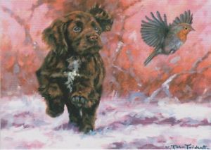 300x213 Cocker Spaniel Robin Dog Cute Puppy Painting Christmas Xmas Card - Christmas Dog Painting