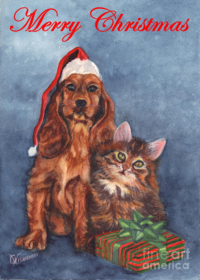 642x900 Dog And Cat Merry Christmas Painting By Carol Wisniewski - Christmas Dog Painting