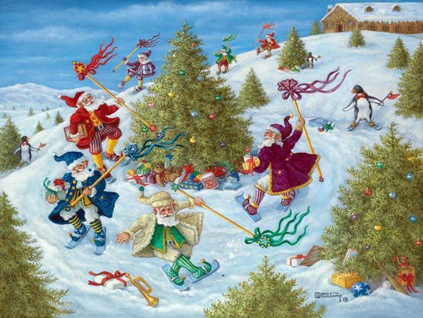 600x451 Santa's Elves Celebrate, A New Holiday Painting From Janet - Christmas Elf Painting