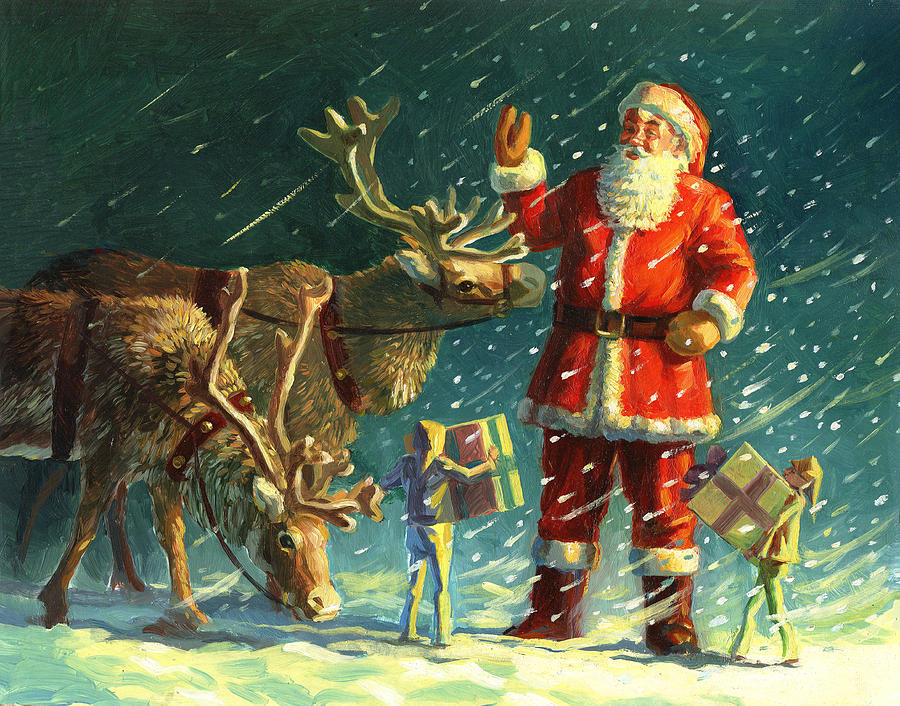 900x706 Santas And Elves Painting By David Price - Christmas Elf Painting