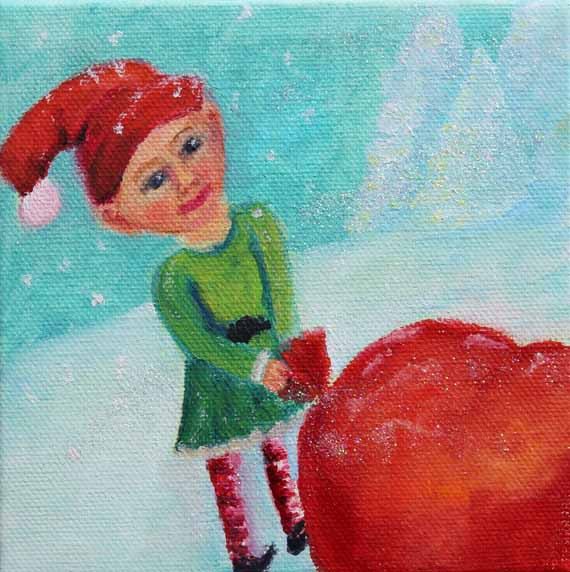 570x572 Christmas Elf,christmas Painitng,oil On Canvas,elf Painting,fine - Christmas Elf Painting