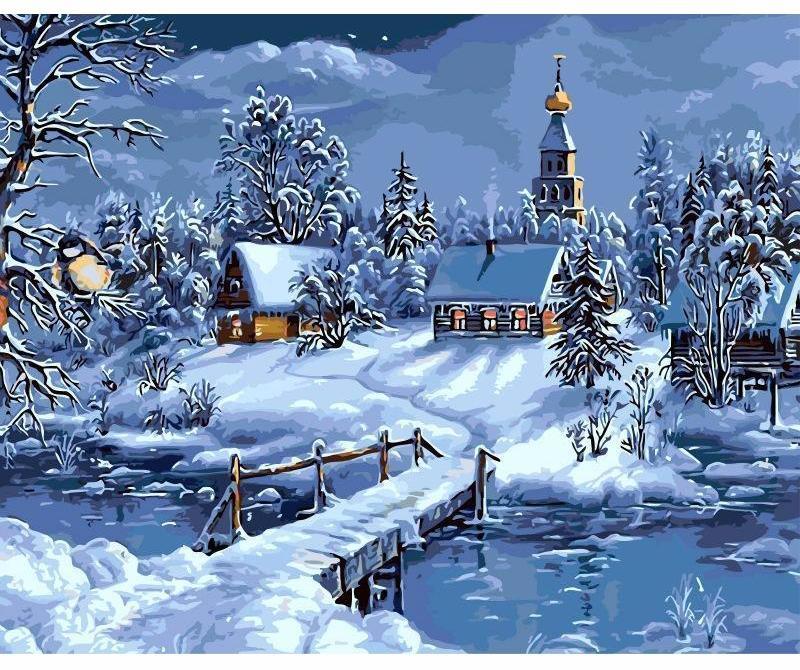 800x670 Christmas Snow Landscape Paint By Number Kit Paintings - Christmas Eve Painting