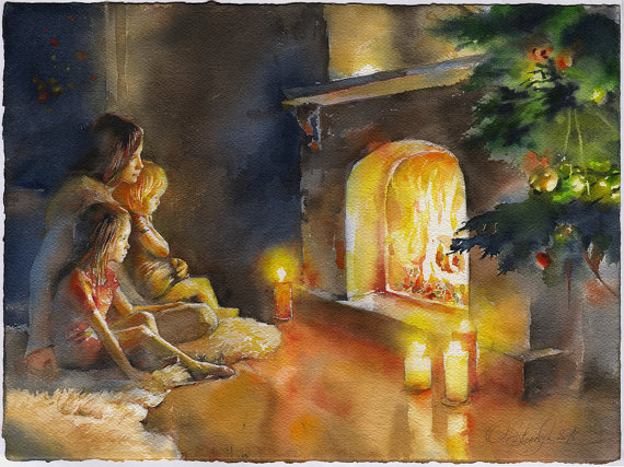 570x427 Fireplace Watercolor Painting Christmas Family Watercolor - Christmas Family Painting
