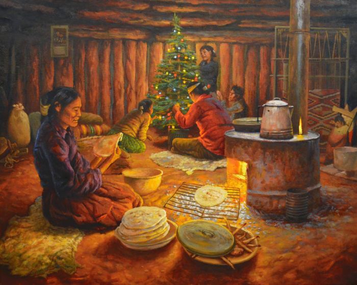 700x558 Navajo James King Painting Family Holiday Evening - Christmas Family Painting
