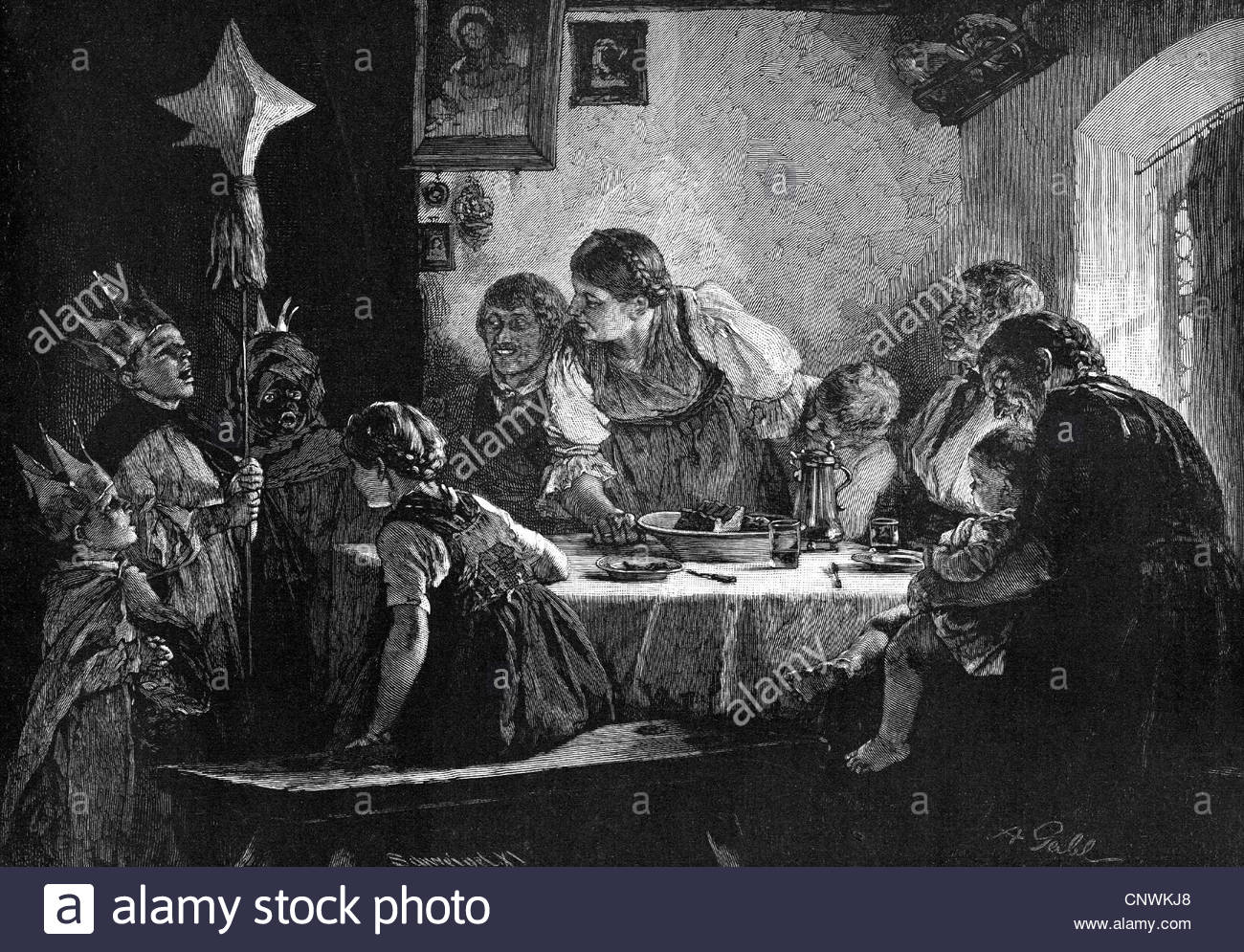 1300x995 Christmas, Carol Singers Singing For A Family, Wood Engraving - Christmas Family Painting