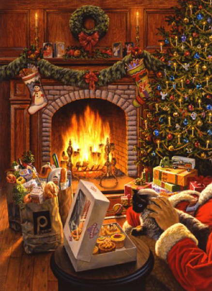 438x599 Christmas Cats And New Year's Cats Painting. David Jermann - Christmas Fireplace Painting