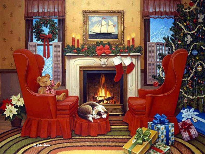788x591 Christmas Cats And New Year's Cats Painting. John Sloane - Christmas Fireplace Painting