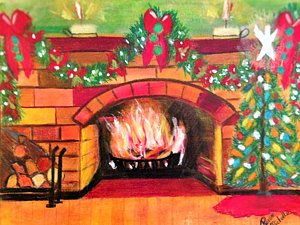 300x225 Fireplace Paintings - Christmas Fireplace Painting