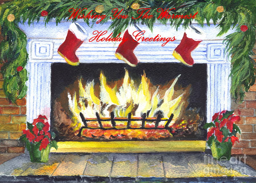 900x642 Holiday Greetings Fireplace Painting By Carol Wisniewski - Christmas Fireplace Painting