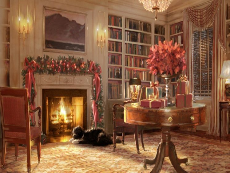 748x561 Christmas, Fireplace, Fire, Holiday, Festive, Decorations, Art - Christmas Fireplace Painting