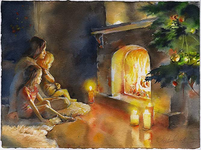 668x500 Fine Art Print Of Christmas Fireplace Scene Watercolor - Christmas Fireplace Painting