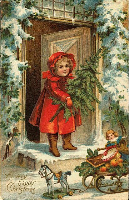 413x640 A Very Happy Christmas. Little Girl With Red Coat, Holding Xmas - Christmas Girl Painting