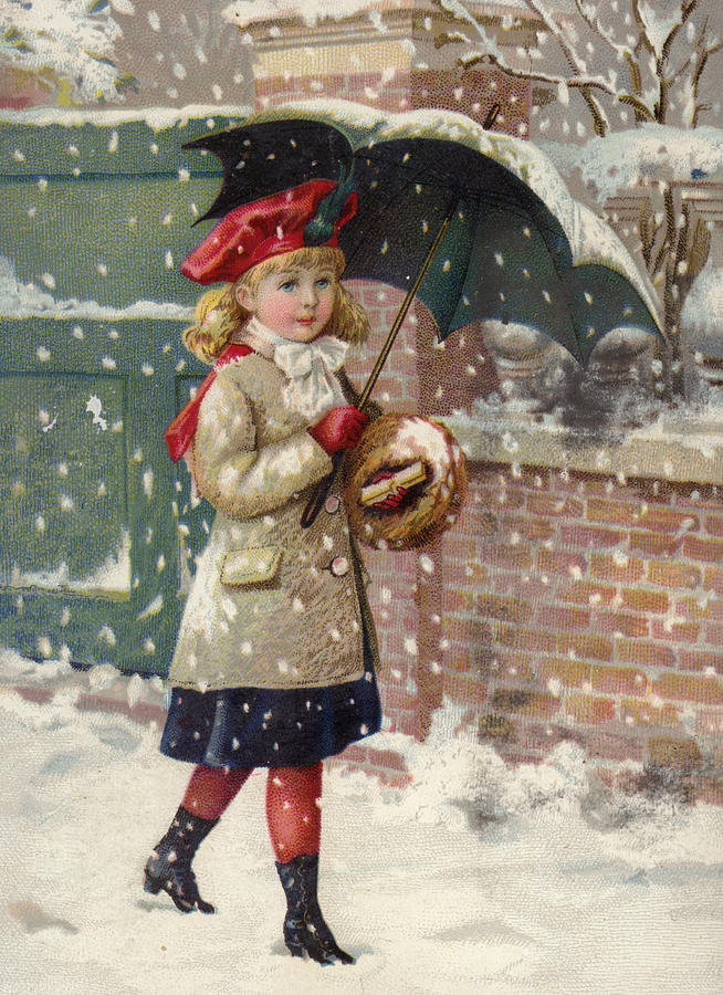 654x900 Girl With Umbrella In A Snow Shower Painting By American School - Christmas Girl Painting