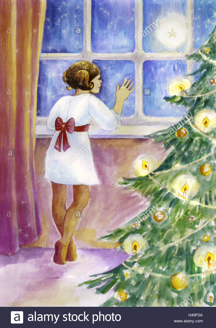 914x1390 Subscription, Christmas Tree, Girl, Window, Look Out, Wait Stock - Christmas Girl Painting
