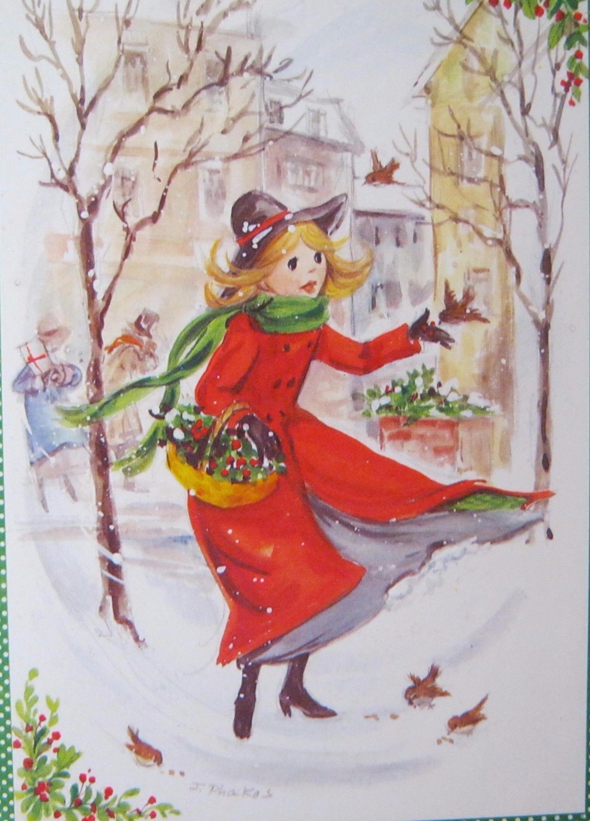1150x1600 Vintage Christmas Card Girl Feeding Birds Shoppers City Buildings - Christmas Girl Painting