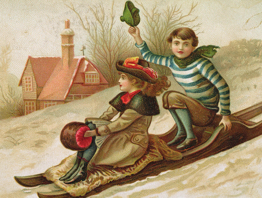 900x681 Young Girl And Boy Tobogganing, Victorian Christmas And New Year - Christmas Girl Painting
