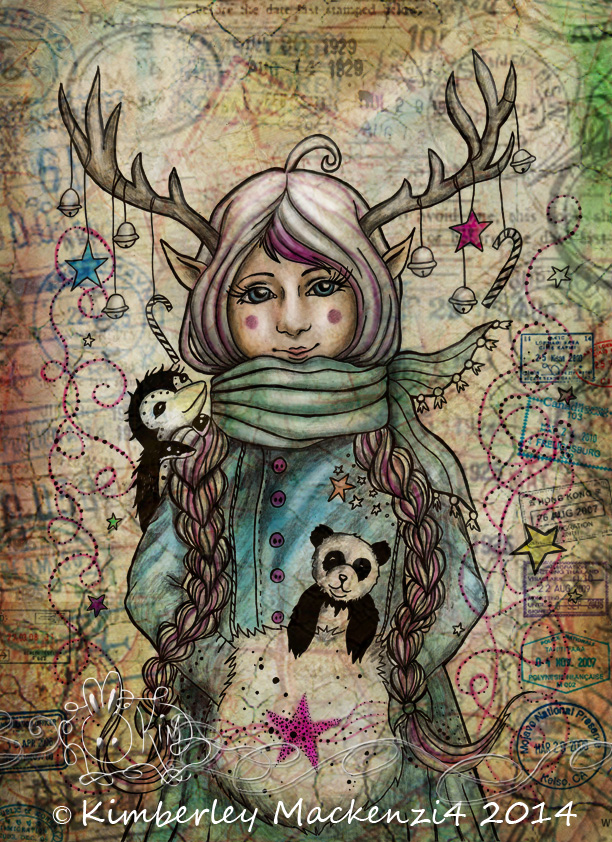 612x842 Colour Deer Girl Christmas By Darkrabbitdesigns - Christmas Girl Painting