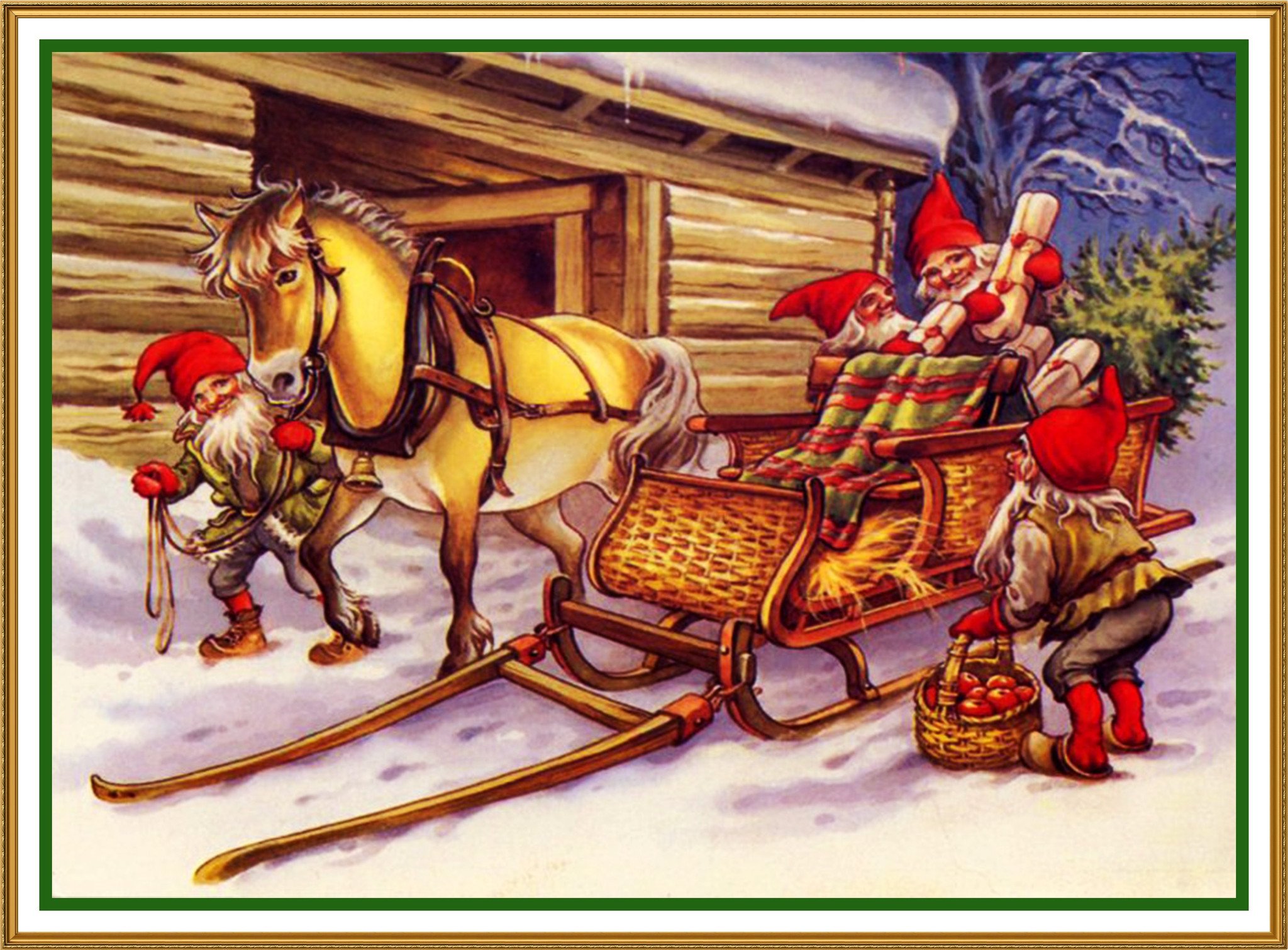 2048x1510 Elves Pack Christmas Horse Drawn Sleigh Jenny Nystrom Holiday - Christmas Horse Painting
