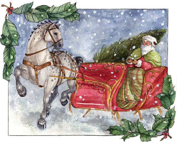 570x459 Items Similar To Santa's Sleigh Original Watercolor Painting - Christmas Horse Painting
