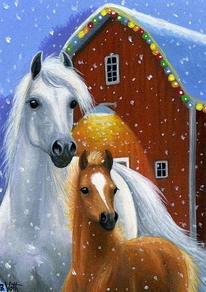 406x575 Mare Foal Horse Christmas Eve Snow Barn Lights Original Aceo - Christmas Horse Painting
