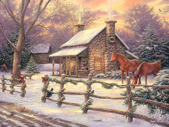 570x428 Stone House Painting, Country Canvas, Christmas Large Painting - Christmas Horse Painting