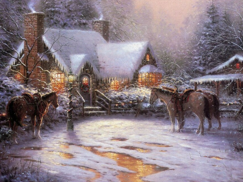 1024x768 Christmas Horse Wallpaper Free Winter Thomas Drawing Art Horse - Christmas Horse Painting